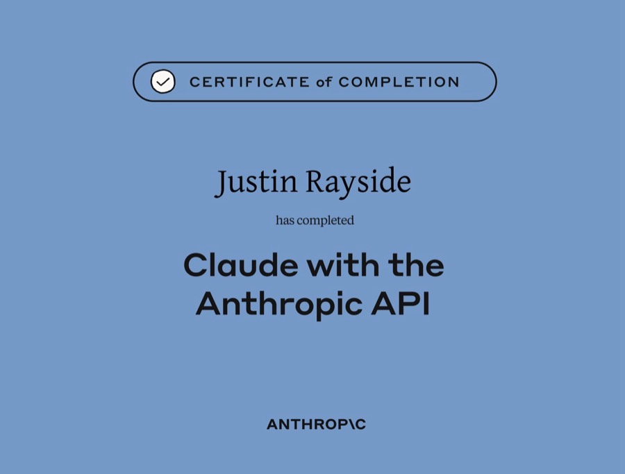 Anthropic certificate of completion: Claude with the Anthropic API