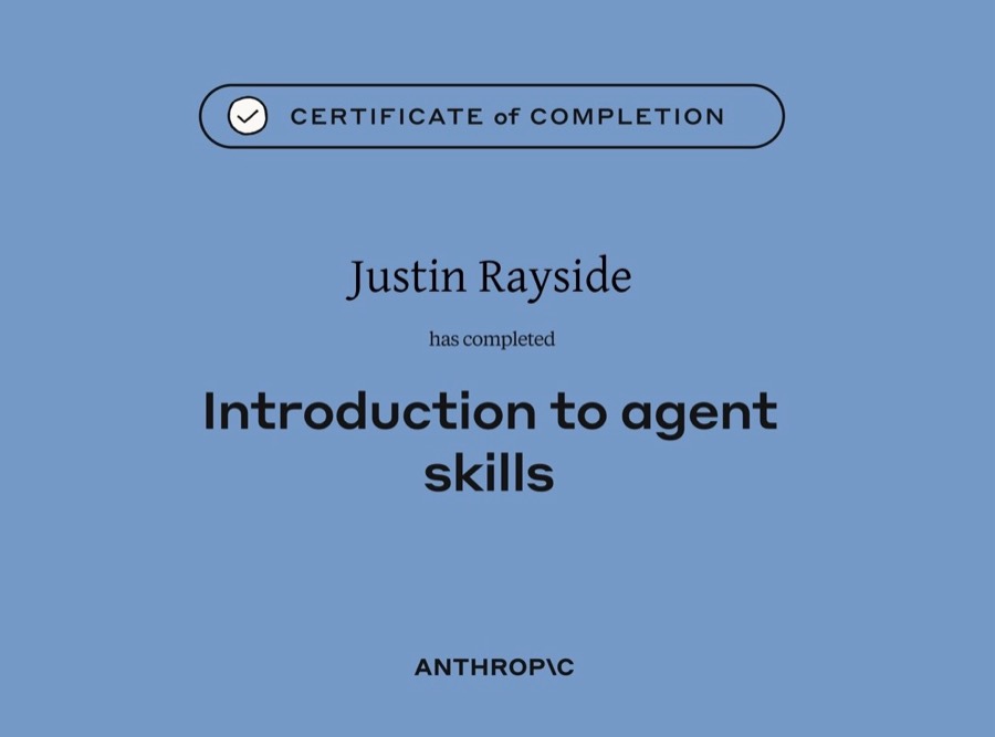 Anthropic certificate of completion: Introduction to Agent Skills