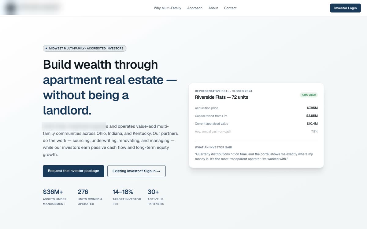 Investment Portal website for a multi-family real estate partnership